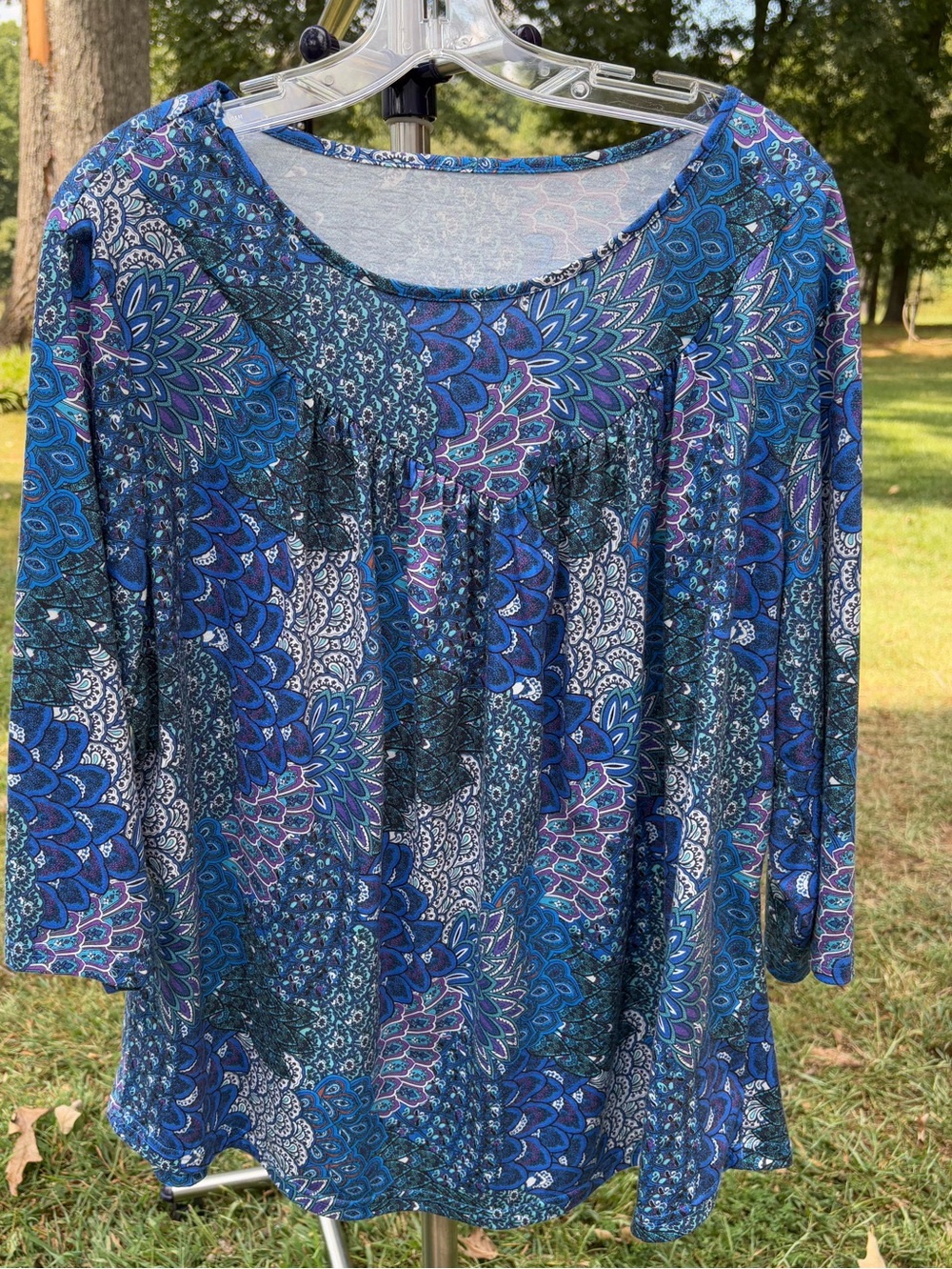 Blue Paisley-Print Women's 3/4 Sleeve Top Size 3X